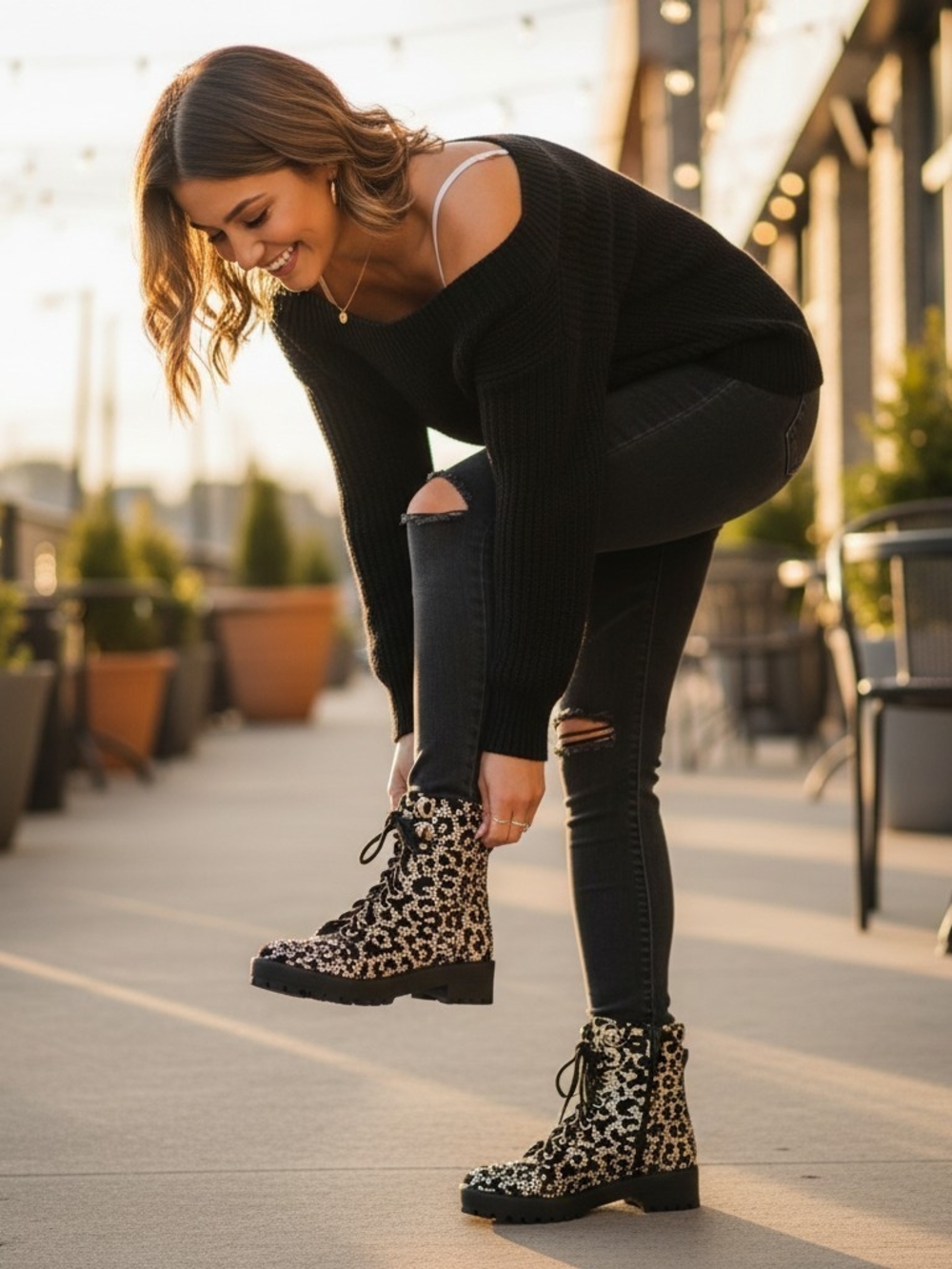 Leopard Rhinestone Combat Boots Sparkle Black Gold Lace Up Lug Sole Gianni Bini